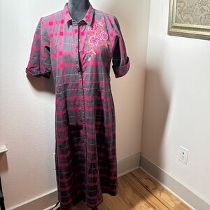 Bombay Paisley Plaid red black embellished button down shirt dress Sz L